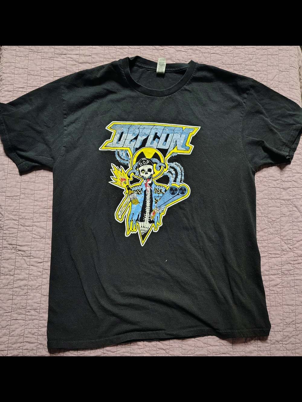DEFCON Band T-Shirt Black Mens Retro Thrash Metal Crossover Skull Graphic Tee
